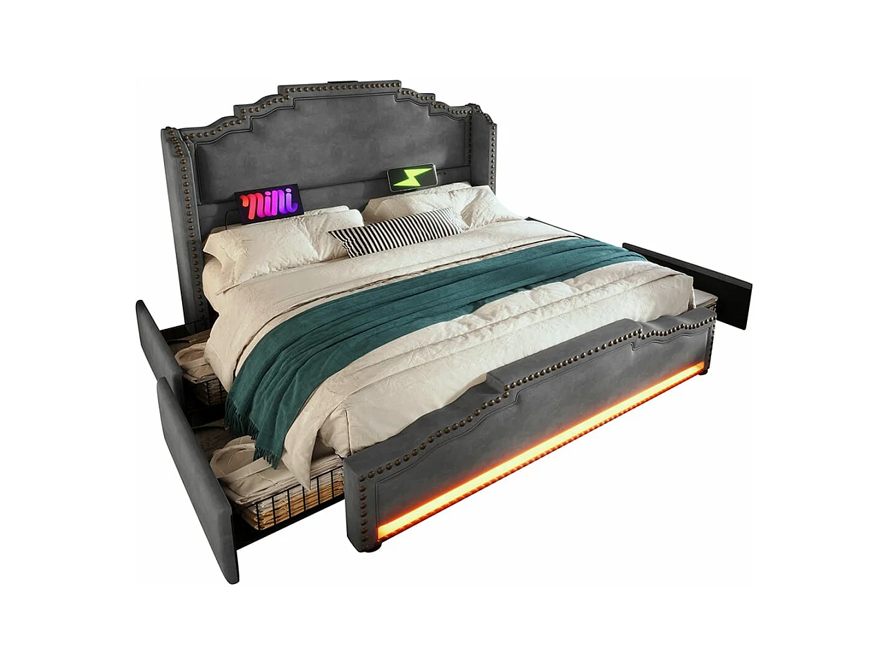 Lit avec rangement 160x200 lit double pour adolescent avec 4 tiroirs lumière LED et port de charge USB-C avec matelas en velours gris