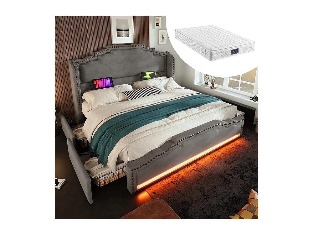 Bed met opbergruimte 160x200 tweepersoonsbed voor tieners met 4 lades, ledverlichting en USB-C-oplaadpoort met matras in grijs fluweel