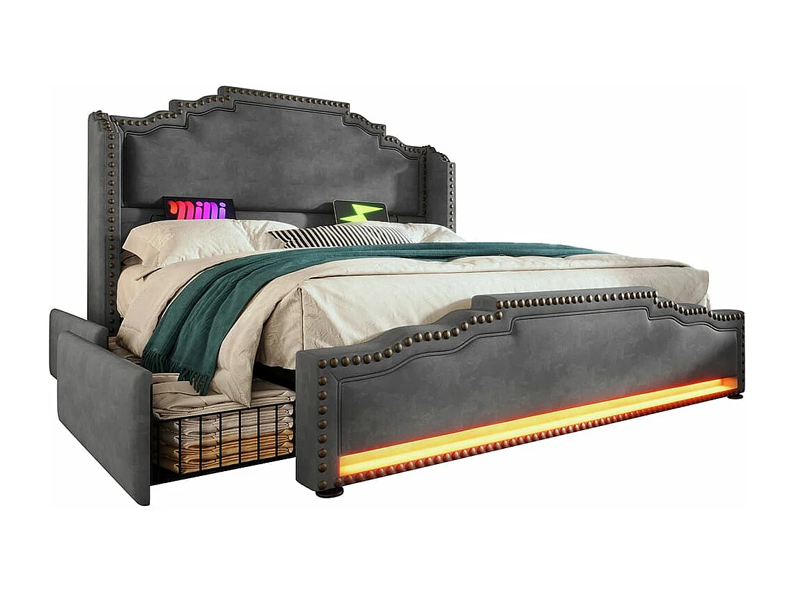 Bed met opbergruimte 160x200 tweepersoonsbed voor tieners met 4 lades, ledverlichting en USB-C-oplaadpoort met matras in grijs fluweel