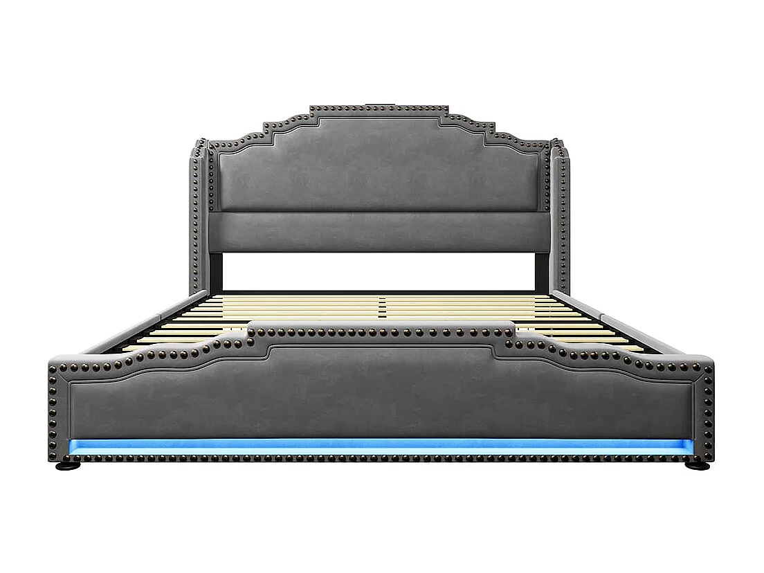 Bed met opbergruimte 160x200 tweepersoonsbed voor tieners met 4 lades, ledverlichting en USB-C-oplaadpoort met matras in grijs fluweel