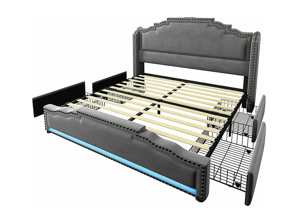 Bed met opbergruimte 160x200 tweepersoonsbed voor tieners met 4 lades, ledverlichting en USB-C-oplaadpoort met matras in grijs fluweel