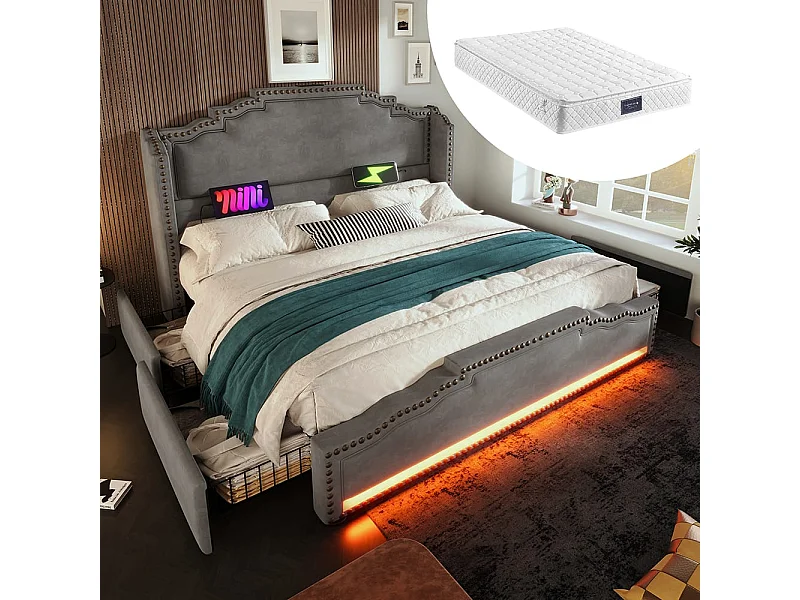 Bed met opbergruimte 160x200 tweepersoonsbed voor tieners met 4 lades, ledverlichting en USB-C-oplaadpoort met matras in grijs fluweel