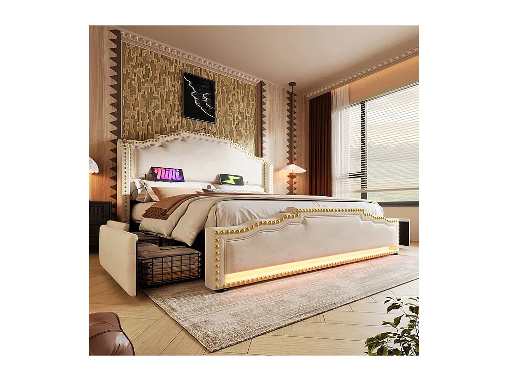 Lit avec rangement 140x200 lit double pour adolescent avec 4 tiroirs lumière LED et port de charge USB-C sanc matelas en velours beige
