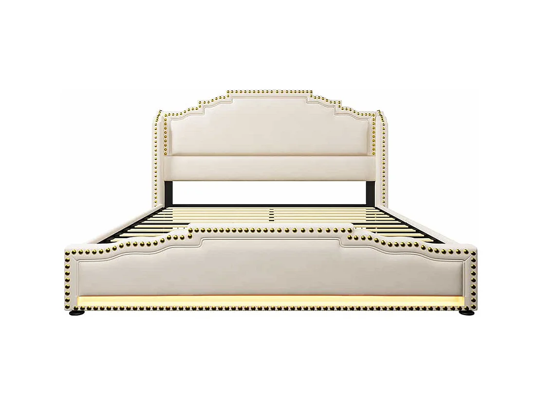 Lit avec rangement 140x200 lit double pour adolescent avec 4 tiroirs lumière LED et port de charge USB-C sanc matelas en velours beige