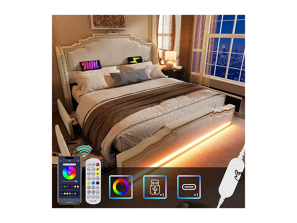 Lit avec rangement 140x200 lit double pour adolescent avec 4 tiroirs lumière LED et port de charge USB-C sanc matelas en velours beige