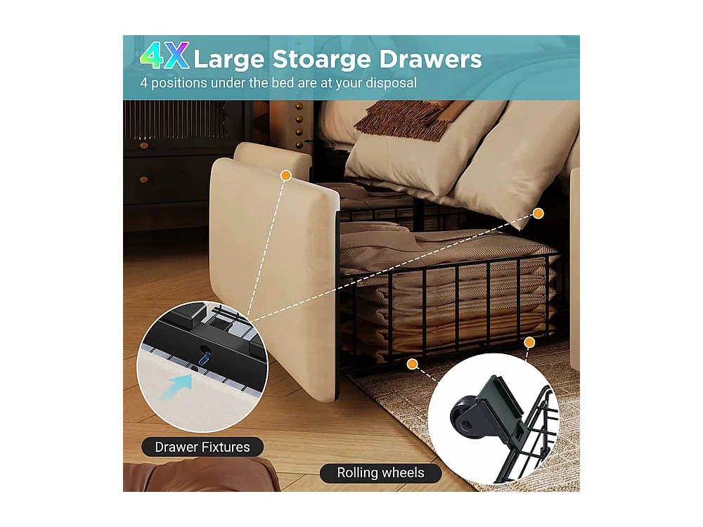 Lit avec rangement 140x200 lit double pour adolescent avec 4 tiroirs lumière LED et port de charge USB-C sanc matelas en velours beige