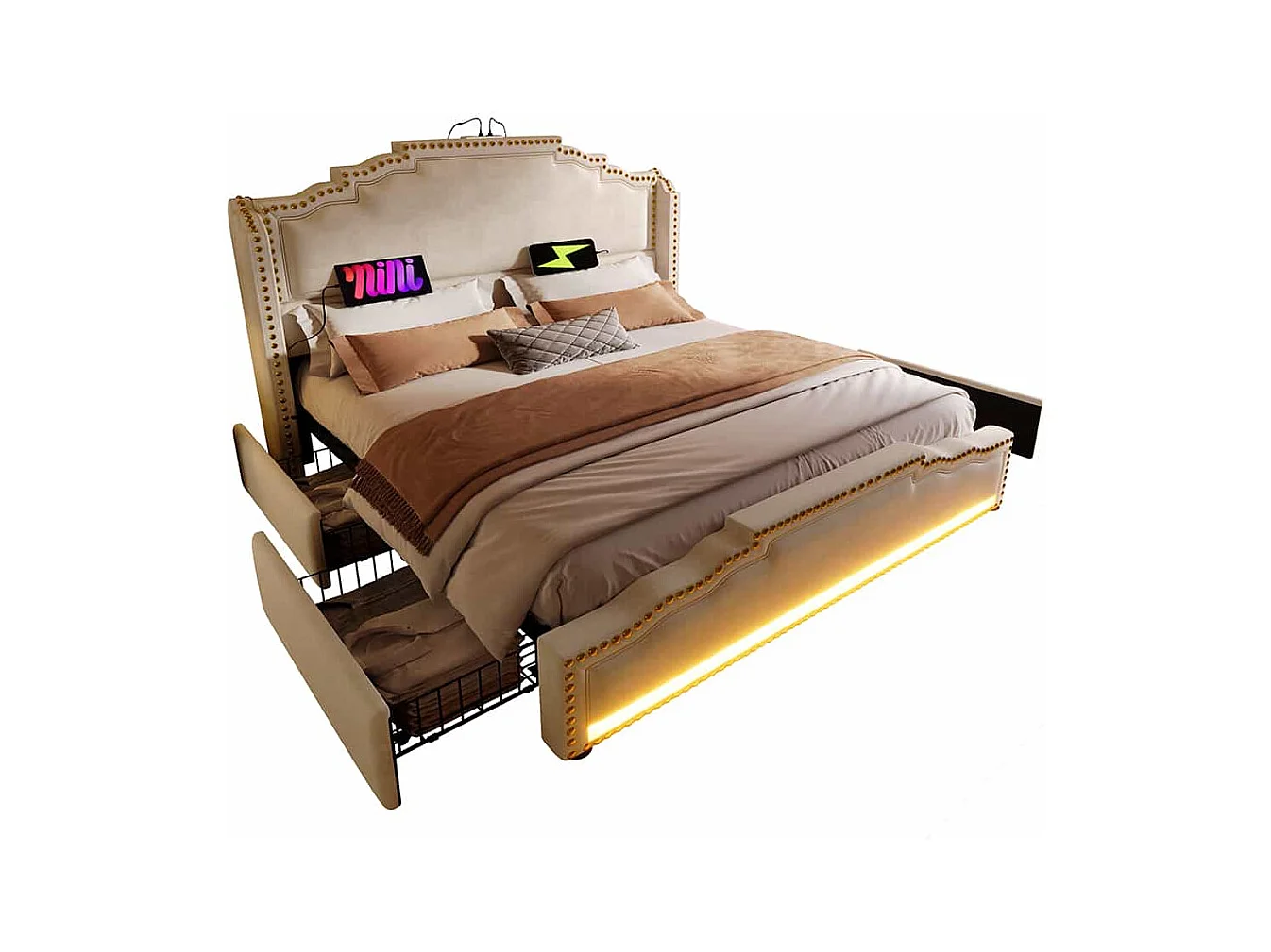Lit avec rangement 140x200 lit double pour adolescent avec 4 tiroirs lumière LED et port de charge USB-C sanc matelas en velours beige