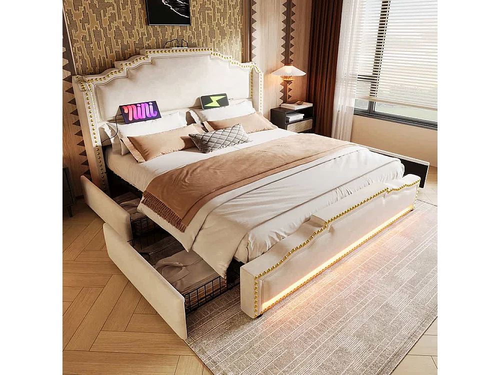 Lit avec rangement 140x200 lit double pour adolescent avec 4 tiroirs lumière LED et port de charge USB-C sanc matelas en velours beige