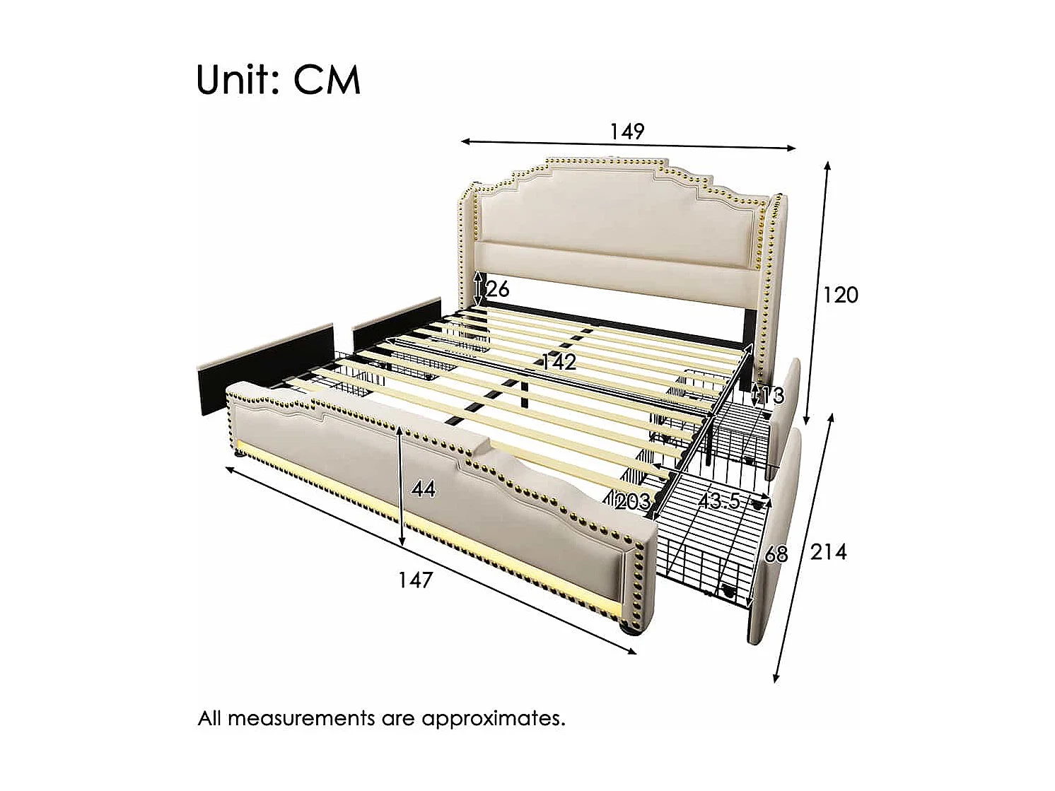 Lit avec rangement 140x200 lit double pour adolescent avec 4 tiroirs lumière LED et port de charge USB-C sanc matelas en velours beige