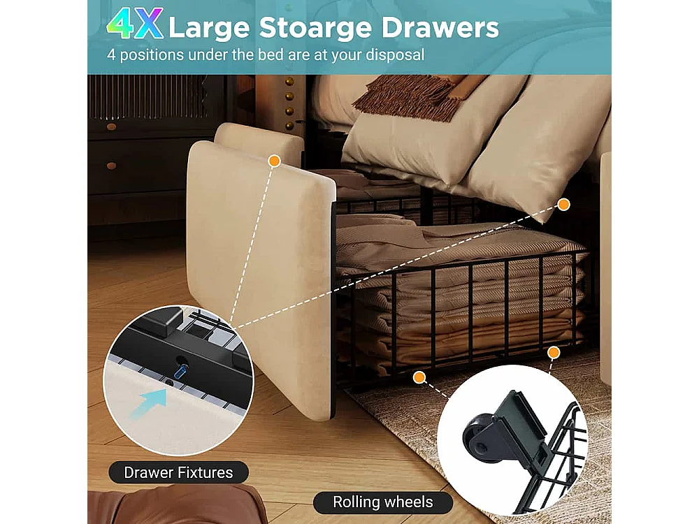 Lit avec rangement 140x200 lit double pour adolescent avec 4 tiroirs lumière LED et port de charge USB-C sanc matelas en velours beige