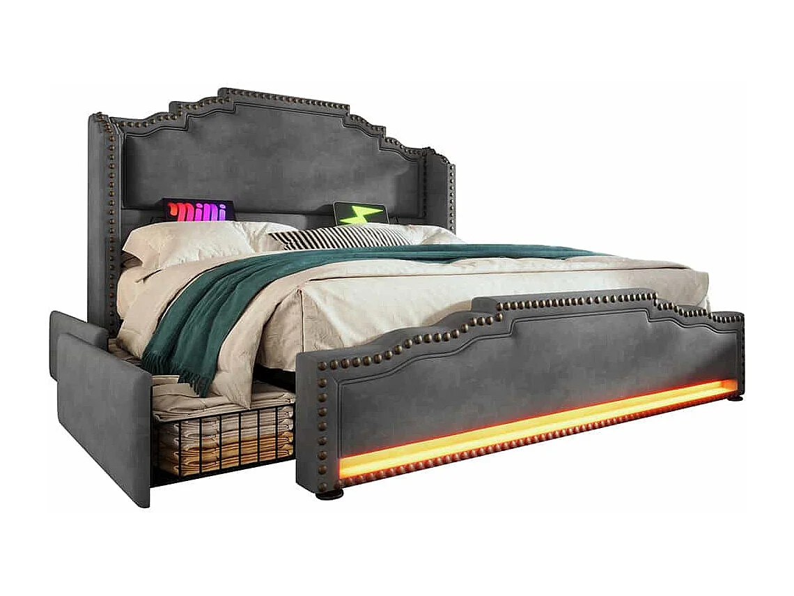 Bed met opbergruimte 180x200 tweepersoonsbed voor tieners met 4 lades, ledverlichting en USB-C-oplaadpoort, zonder matras, fluweelgrijs
