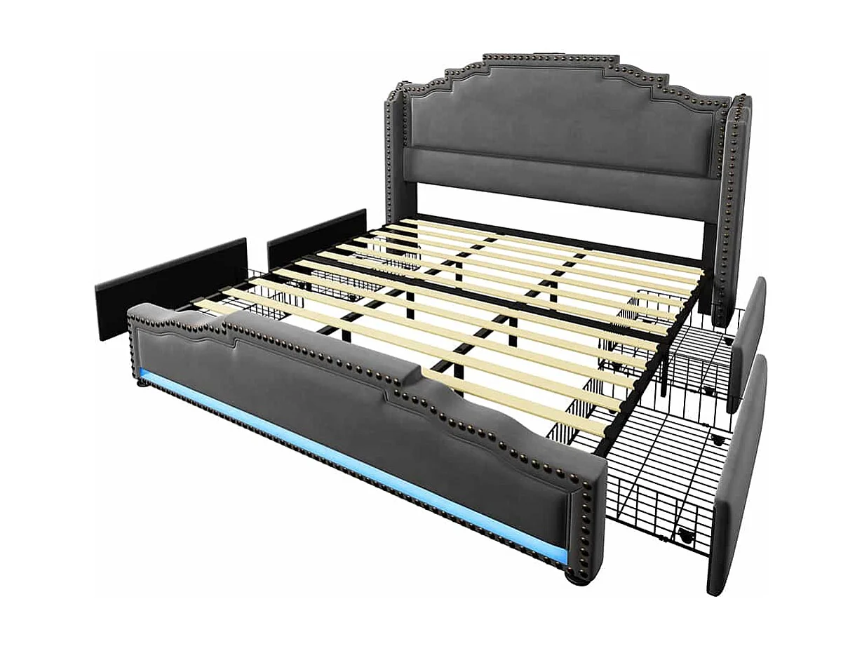 Bed met opbergruimte 180x200 tweepersoonsbed voor tieners met 4 lades, ledverlichting en USB-C-oplaadpoort, zonder matras, fluweelgrijs