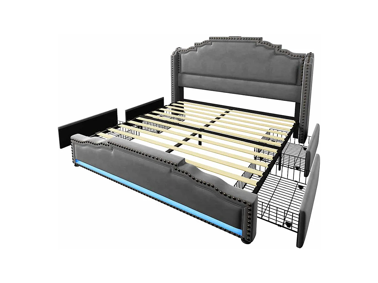 Lit avec rangement 140x200 lit double pour adolescent avec 4 tiroirs lumière LED et port de charge USB-C sanc matelas en velours gris