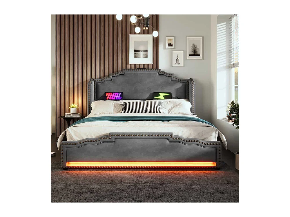 Lit avec rangement 140x200 lit double pour adolescent avec 4 tiroirs lumière LED et port de charge USB-C sanc matelas en velours gris