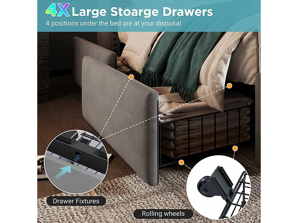 Lit avec rangement 140x200 lit double pour adolescent avec 4 tiroirs lumière LED et port de charge USB-C sanc matelas en velours gris