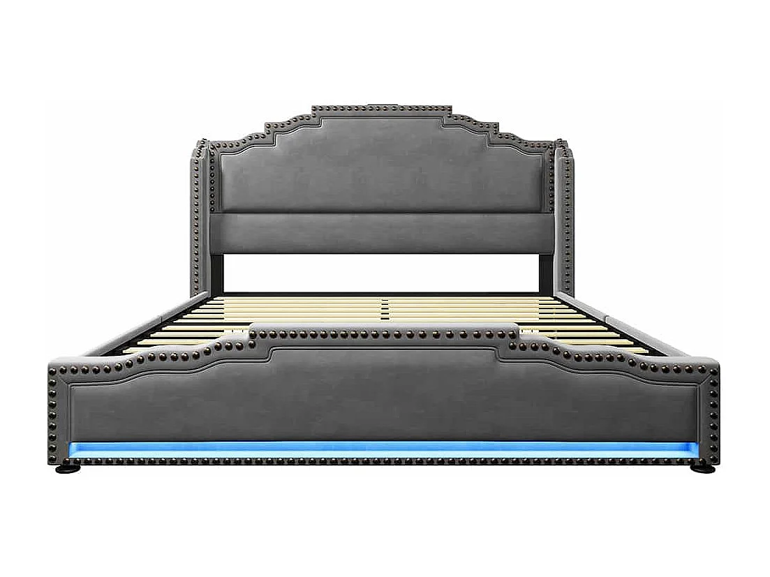 Lit avec rangement 140x200 lit double pour adolescent avec 4 tiroirs lumière LED et port de charge USB-C sanc matelas en velours gris