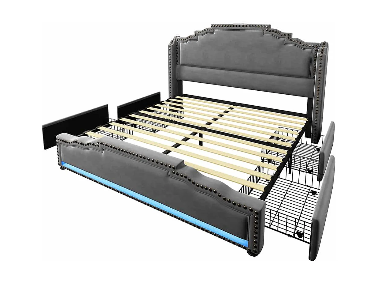 Lit avec rangement 140x200 lit double pour adolescent avec 4 tiroirs lumière LED et port de charge USB-C sanc matelas en velours gris