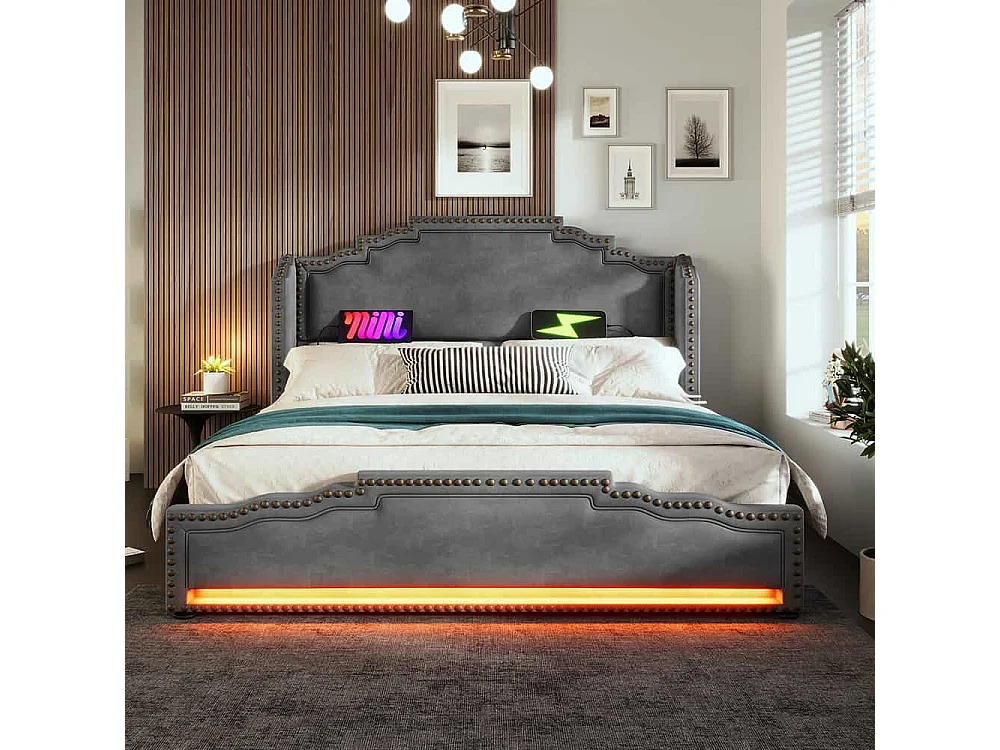 Lit avec rangement 140x200 lit double pour adolescent avec 4 tiroirs lumière LED et port de charge USB-C sanc matelas en velours gris