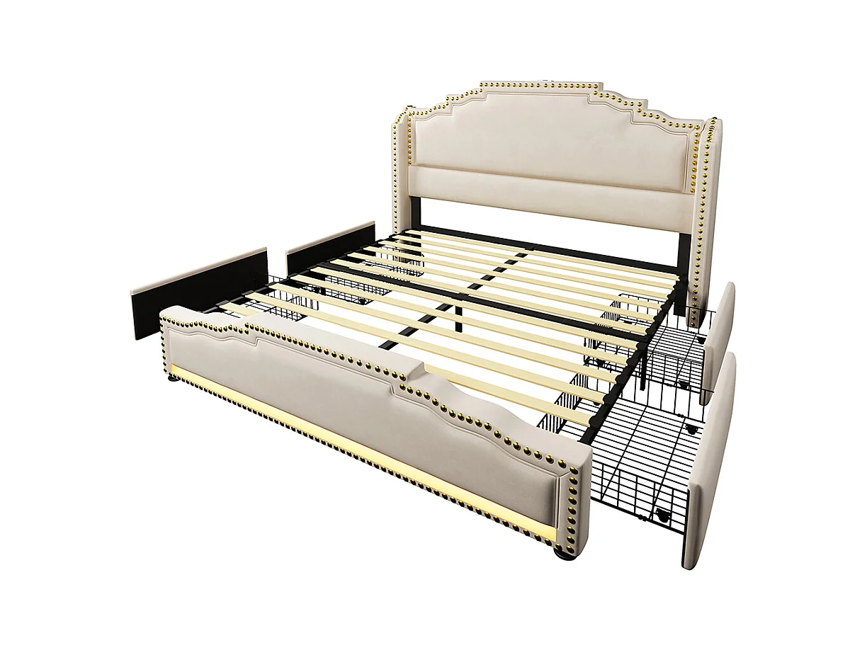 Lit avec rangement 160x200 lit double pour adolescent avec 4 tiroirs lumière LED et port de charge USB-C sanc matelas en velours beige