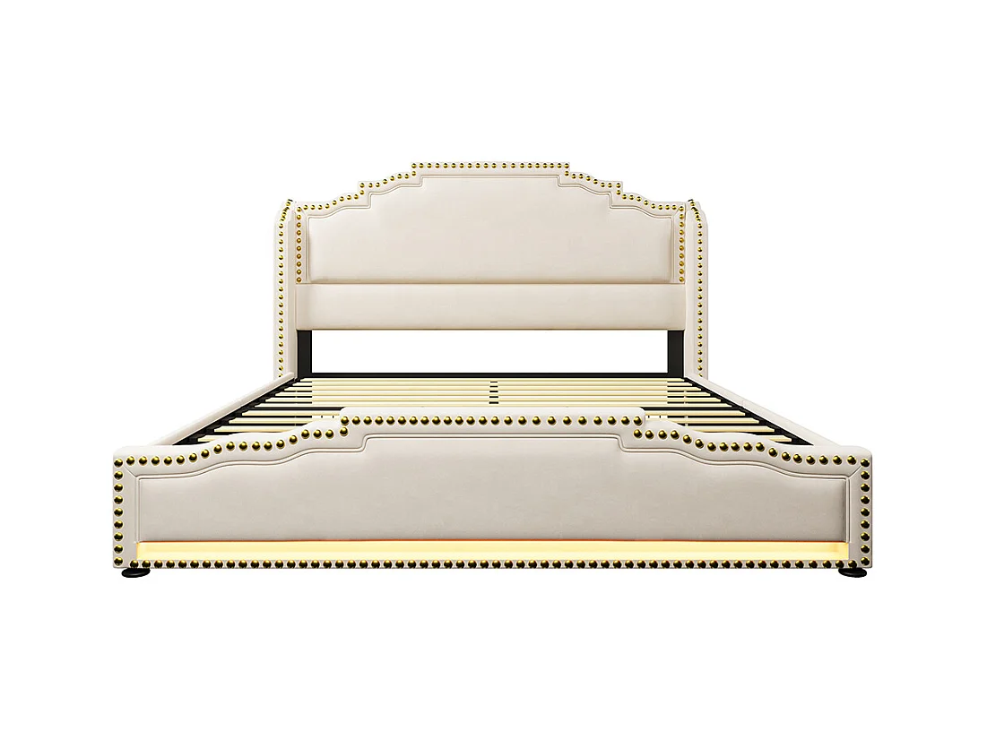 Lit avec rangement 160x200 lit double pour adolescent avec 4 tiroirs lumière LED et port de charge USB-C sanc matelas en velours beige