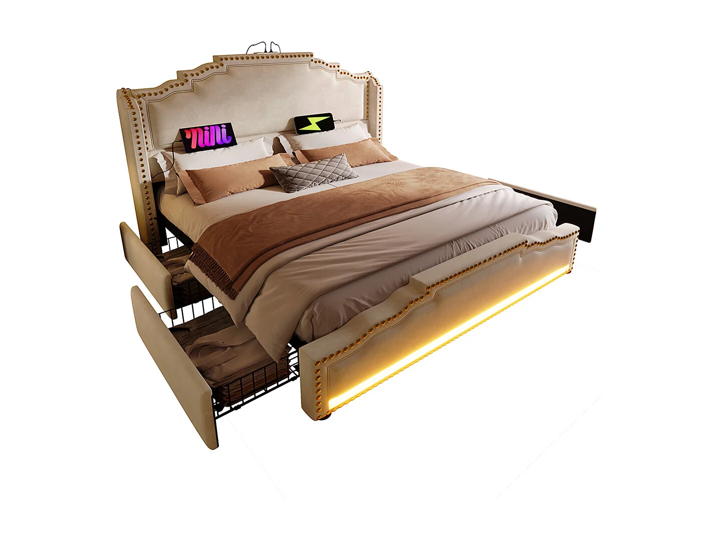 Bed met opbergruimte 160x200 tweepersoonsbed voor tieners met 4 lades, ledverlichting en USB-C-oplaadpoort zonder matras in beige fluweel