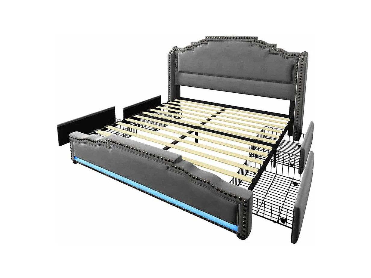 Lit avec rangement 140x200 lit double pour adolescent avec 4 tiroirs lumière LED et port de charge USB-C avec matelas en velours gris