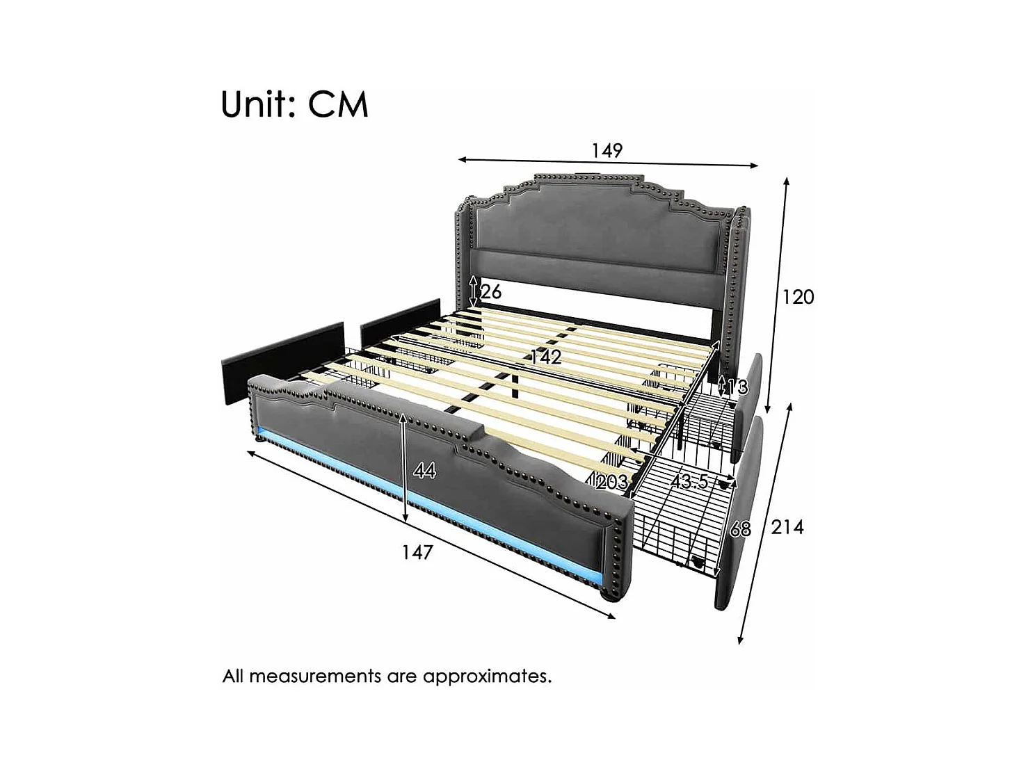 Lit avec rangement 140x200 lit double pour adolescent avec 4 tiroirs lumière LED et port de charge USB-C avec matelas en velours gris