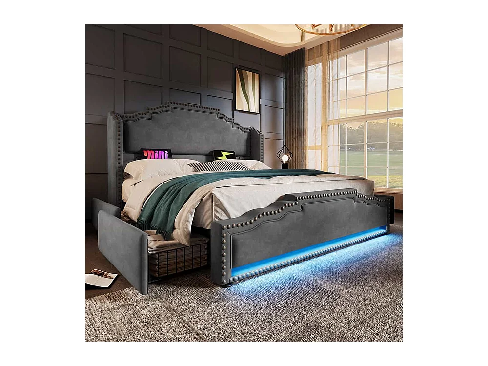 Lit avec rangement 140x200 lit double pour adolescent avec 4 tiroirs lumière LED et port de charge USB-C avec matelas en velours gris