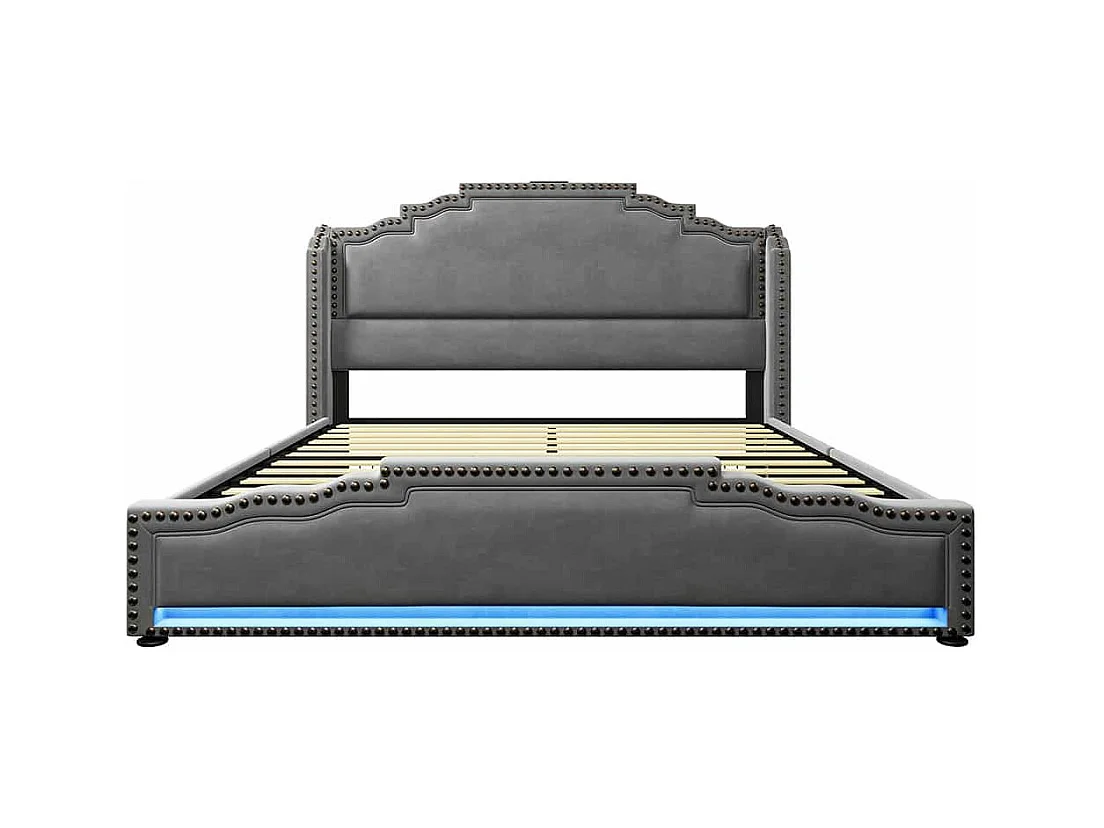 Lit avec rangement 140x200 lit double pour adolescent avec 4 tiroirs lumière LED et port de charge USB-C avec matelas en velours gris