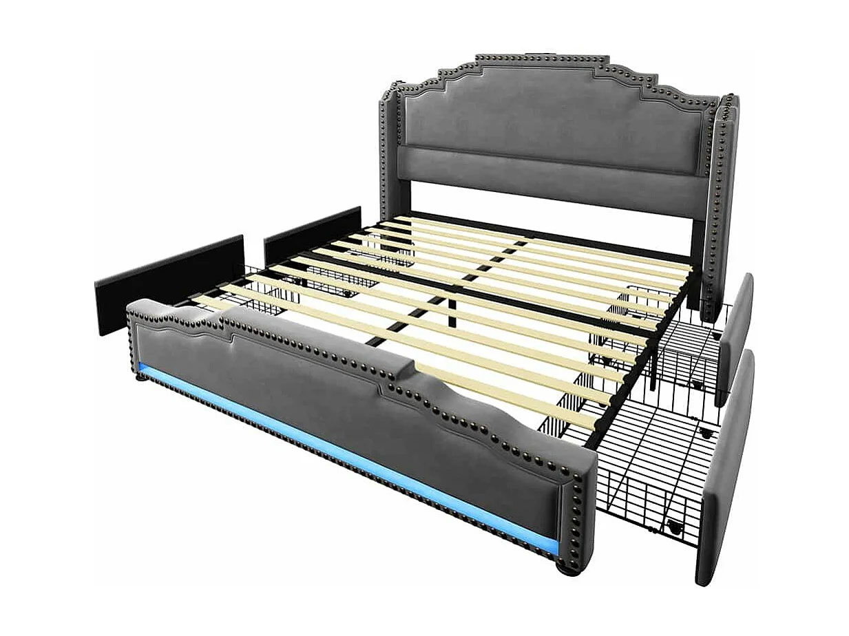 Lit avec rangement 140x200 lit double pour adolescent avec 4 tiroirs lumière LED et port de charge USB-C avec matelas en velours gris