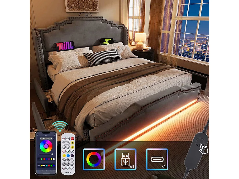 Lit avec rangement 140x200 lit double pour adolescent avec 4 tiroirs lumière LED et port de charge USB-C avec matelas en velours gris