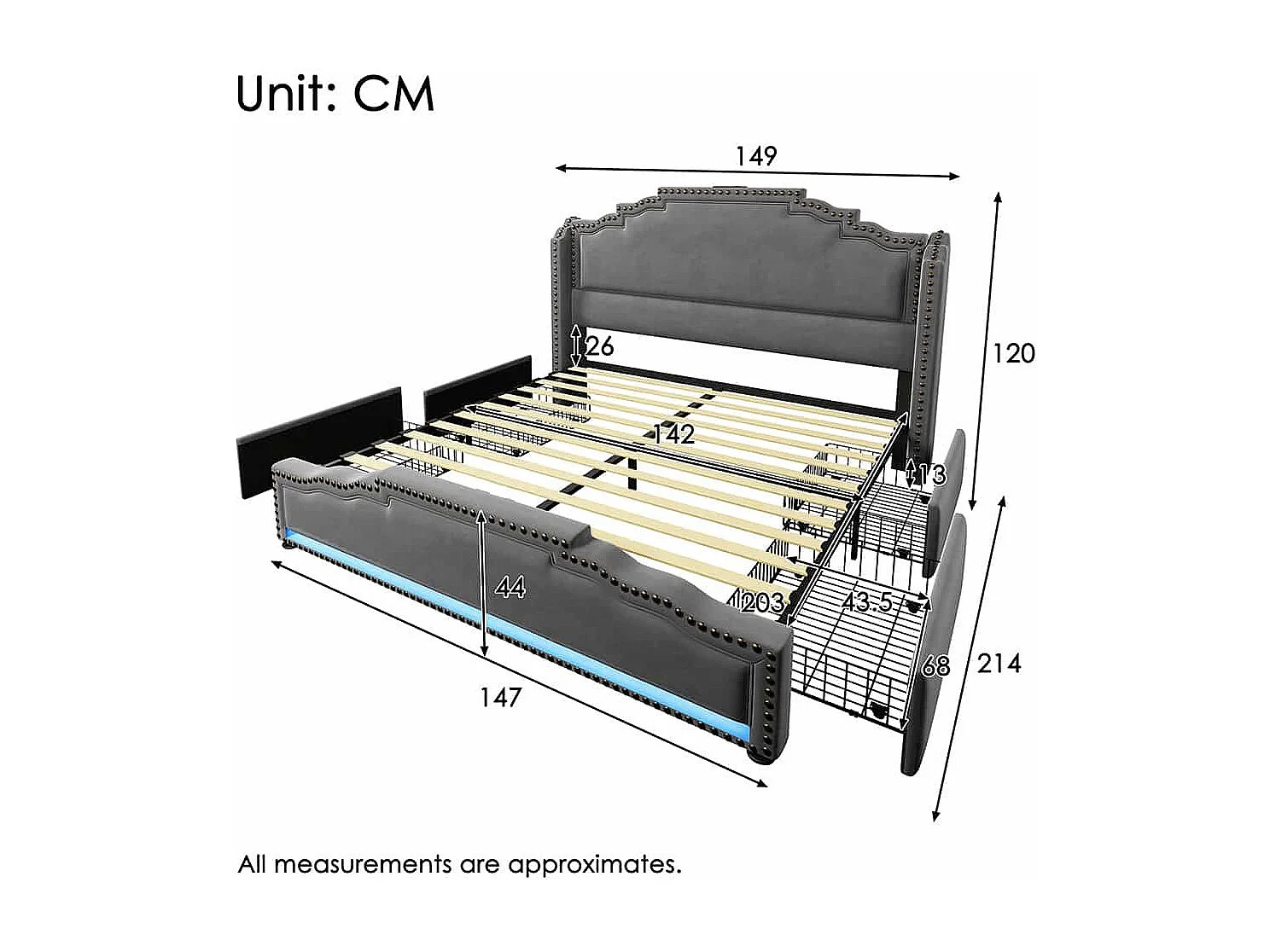 Lit avec rangement 140x200 lit double pour adolescent avec 4 tiroirs lumière LED et port de charge USB-C avec matelas en velours gris