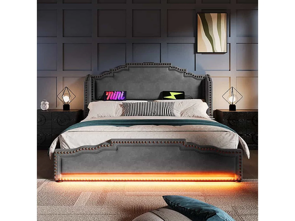 Lit avec rangement 140x200 lit double pour adolescent avec 4 tiroirs lumière LED et port de charge USB-C avec matelas en velours gris