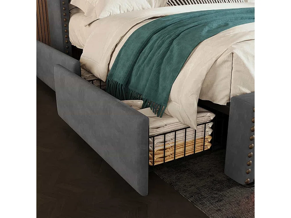 Lit avec rangement 140x200 lit double pour adolescent avec 4 tiroirs lumière LED et port de charge USB-C avec matelas en velours gris