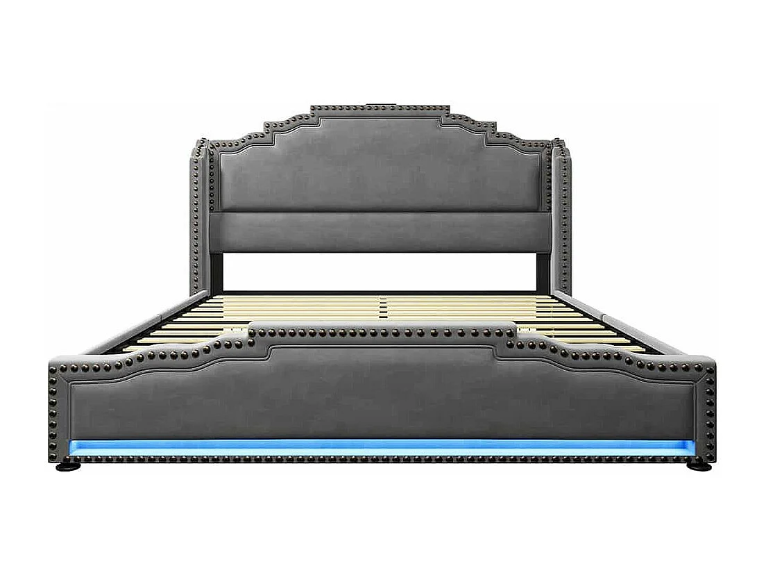 Lit avec rangement 140x200 lit double pour adolescent avec 4 tiroirs lumière LED et port de charge USB-C avec matelas en velours gris