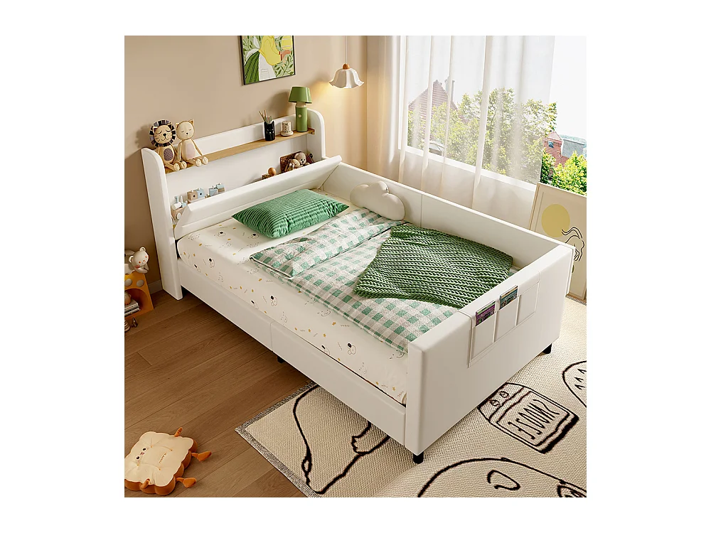 Kinderbed 90x200 gestoffeerd bed met nachtkastje met klapdeur en opbergvakken 3 kleine zakjes van wit MDF