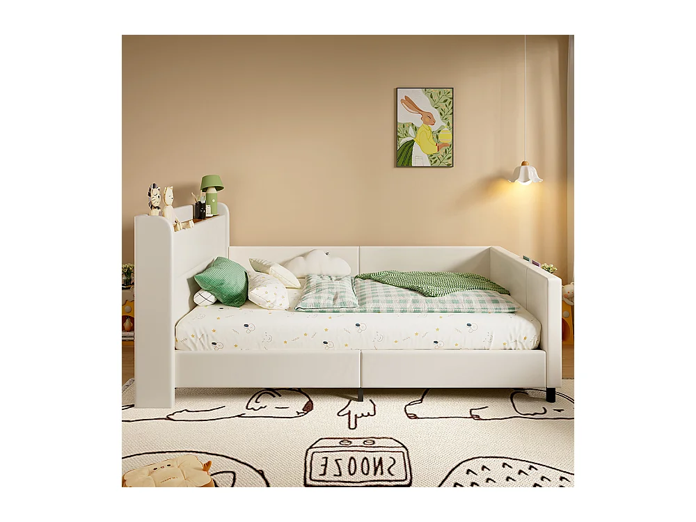 Kinderbed 90x200 gestoffeerd bed met nachtkastje met klapdeur en opbergvakken 3 kleine zakjes van wit MDF