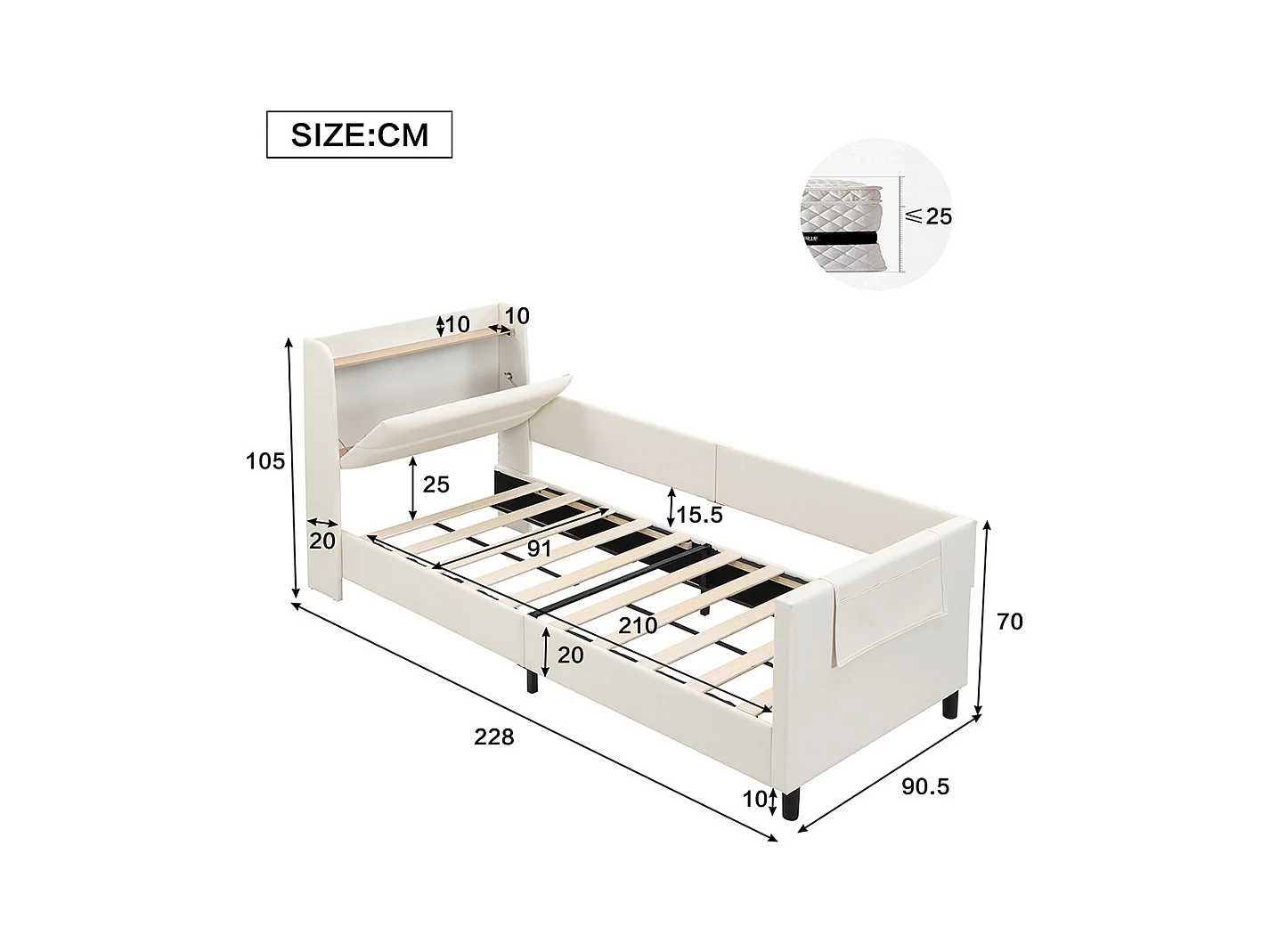 Kinderbed 90x200 gestoffeerd bed met nachtkastje met klapdeur en opbergvakken 3 kleine zakjes van wit MDF