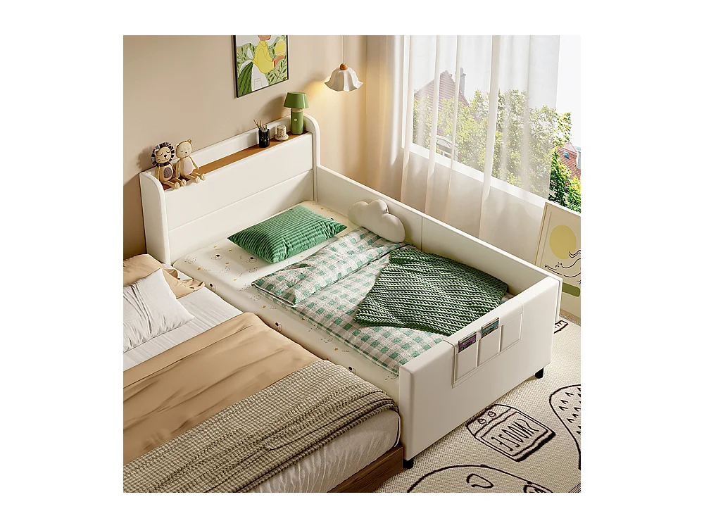 Kinderbed 90x200 gestoffeerd bed met nachtkastje met klapdeur en opbergvakken 3 kleine zakjes van wit MDF