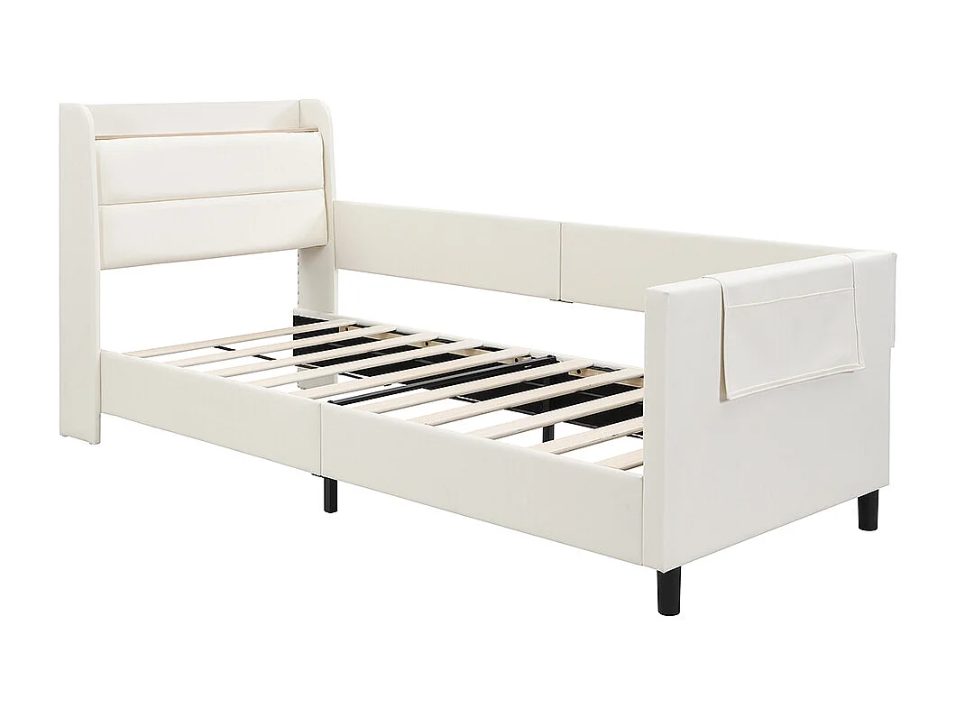 Kinderbed 90x200 gestoffeerd bed met nachtkastje met klapdeur en opbergvakken 3 kleine zakjes van wit MDF