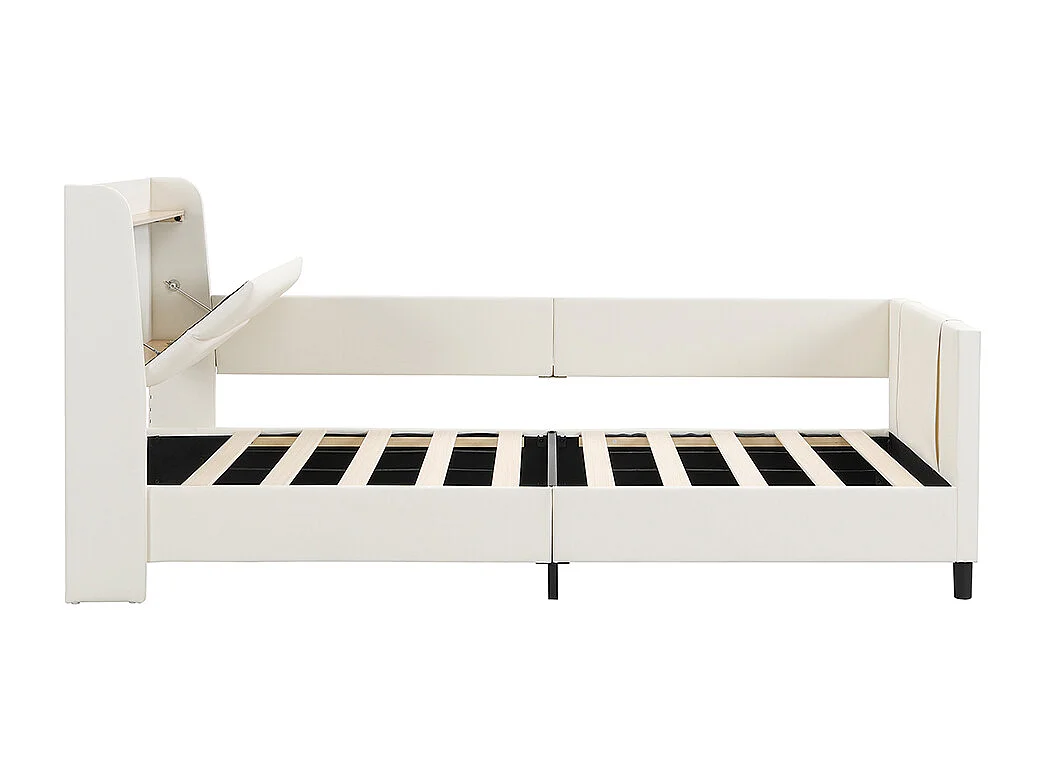 Kinderbed 90x200 gestoffeerd bed met nachtkastje met klapdeur en opbergvakken 3 kleine zakjes van wit MDF