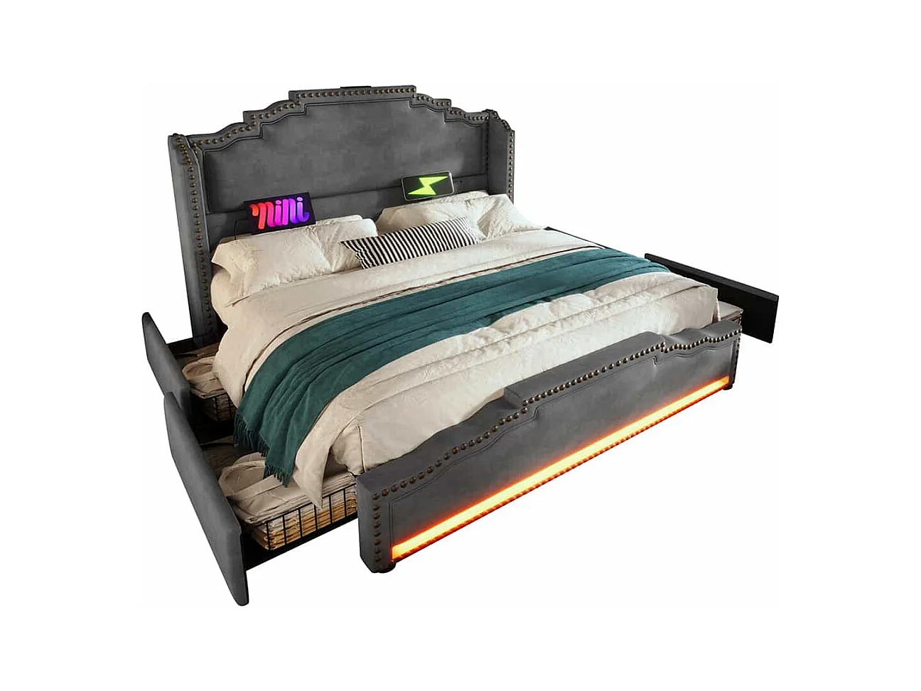Lit avec rangement 160x200 lit double pour adolescent avec 4 tiroirs lumière LED et port de charge USB-C sanc matelas en velours gris
