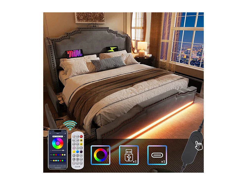 Lit avec rangement 160x200 lit double pour adolescent avec 4 tiroirs lumière LED et port de charge USB-C sanc matelas en velours gris
