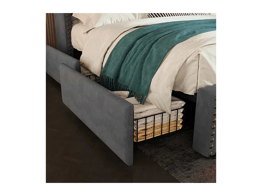 Lit avec rangement 160x200 lit double pour adolescent avec 4 tiroirs lumière LED et port de charge USB-C sanc matelas en velours gris