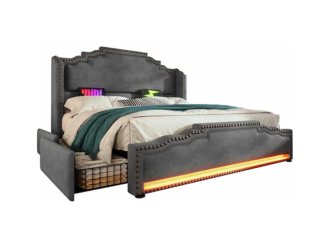 Lit avec rangement 160x200 lit double pour adolescent avec 4 tiroirs lumière LED et port de charge USB-C sanc matelas en velours gris