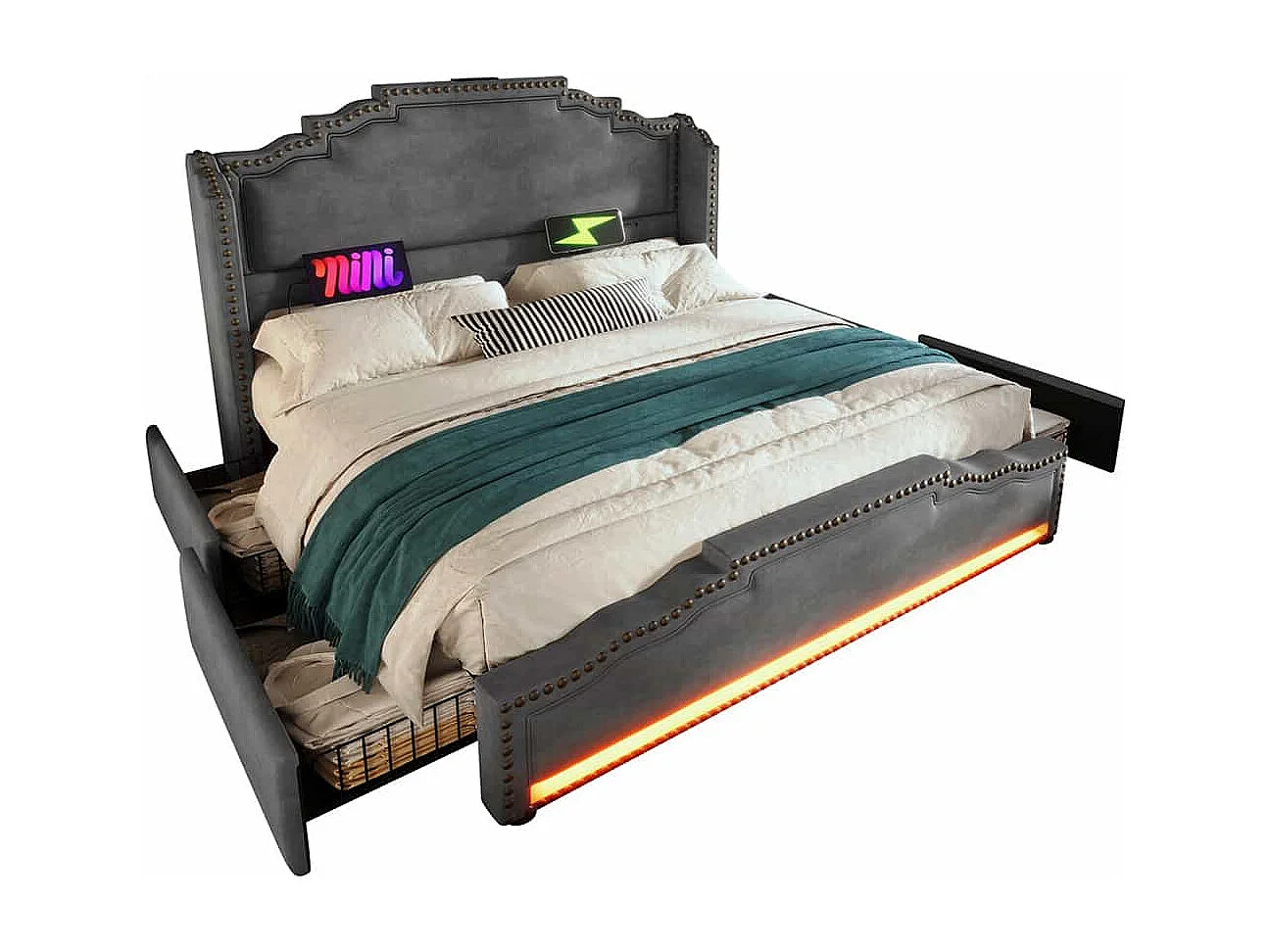 Bed met opbergruimte 160x200 tweepersoonsbed voor tieners met 4 lades, ledverlichting en USB-C-oplaadpoort, zonder matras, fluweelgrijs