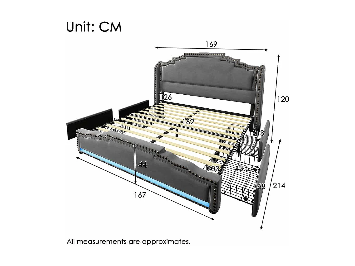 Bed met opbergruimte 160x200 tweepersoonsbed voor tieners met 4 lades, ledverlichting en USB-C-oplaadpoort, zonder matras, fluweelgrijs