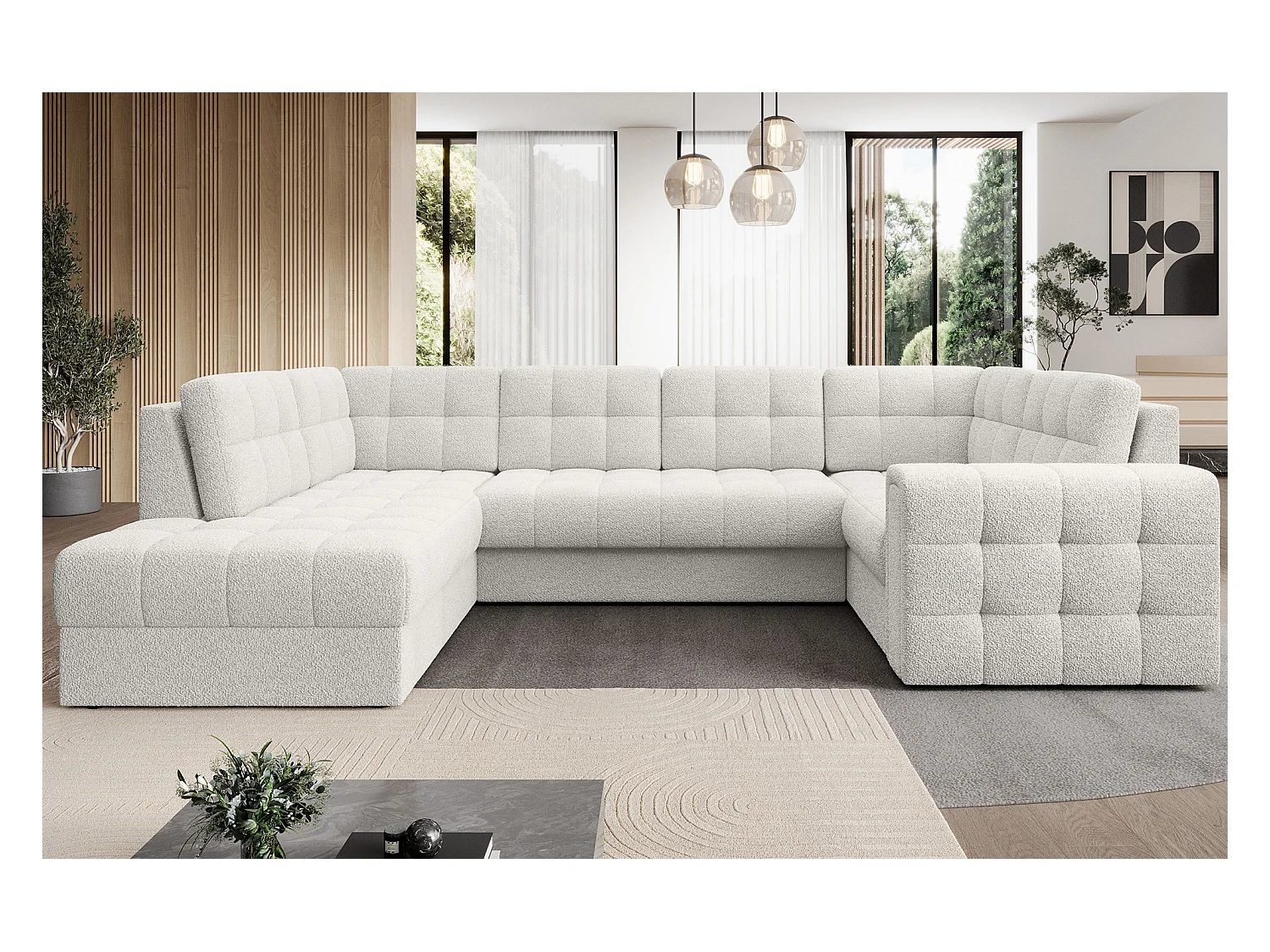 Canapé panoramique BLOOM tissu capitonné - Rangement et convertible-Blanc-Coffre de rangement à gauche