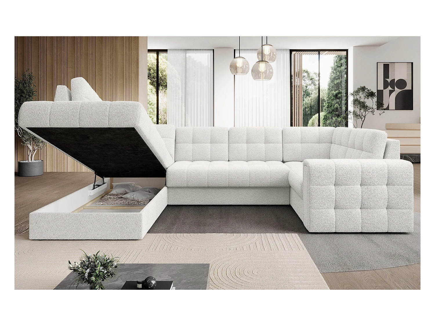 Canapé panoramique BLOOM tissu capitonné - Rangement et convertible-Blanc-Coffre de rangement à gauche