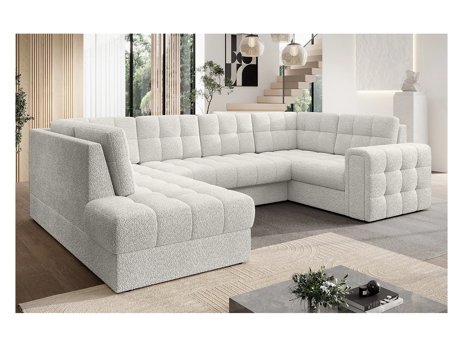 Canapé panoramique BLOOM tissu capitonné - Rangement et convertible-Blanc-Coffre de rangement à gauche